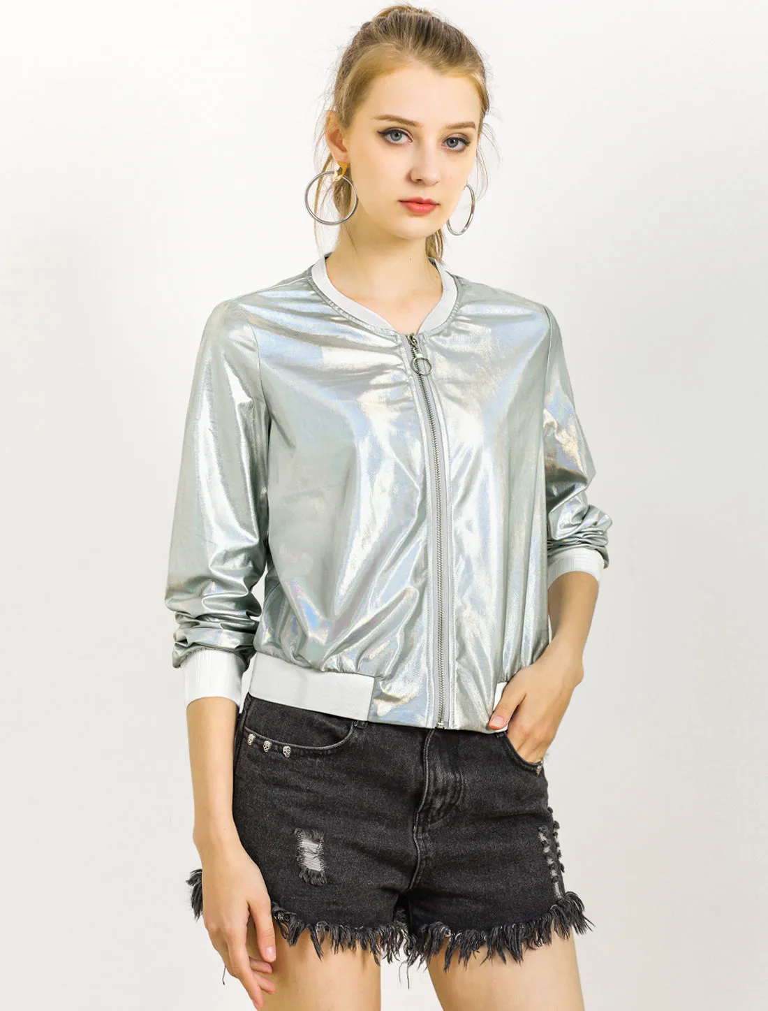 Holographic Shimmering Metallic Lightweight Bomber Jacket