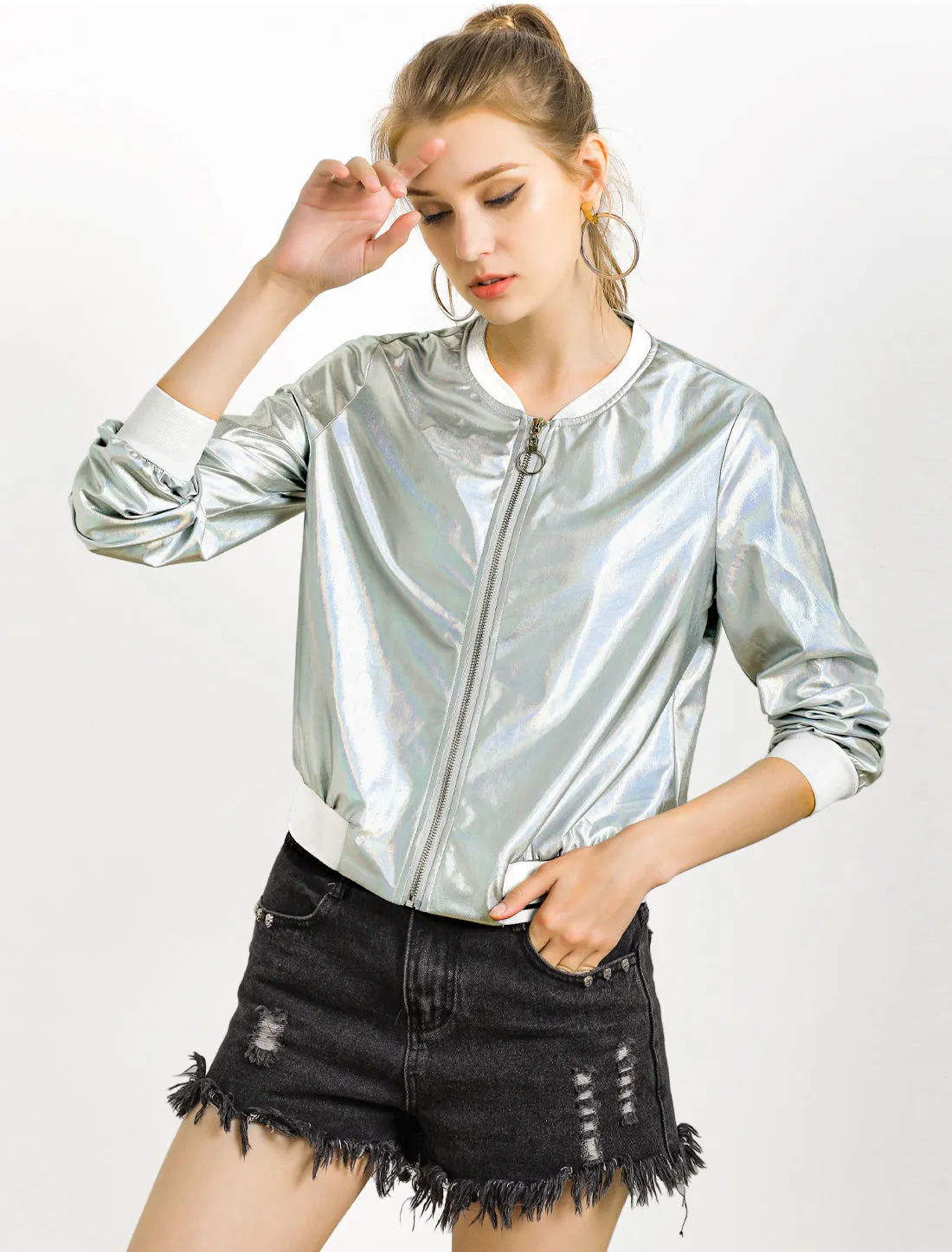 Holographic Shimmering Metallic Lightweight Bomber Jacket