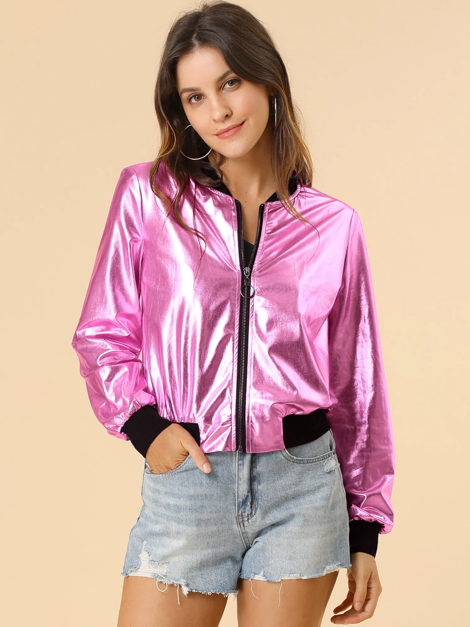 Holographic Shimmering Metallic Lightweight Bomber Jacket