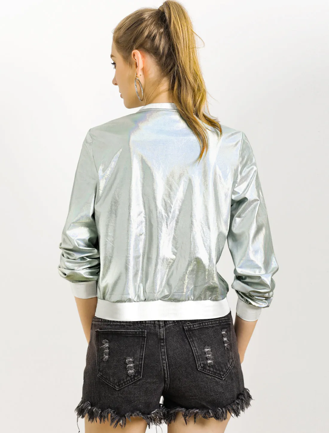 Holographic Shimmering Metallic Lightweight Bomber Jacket