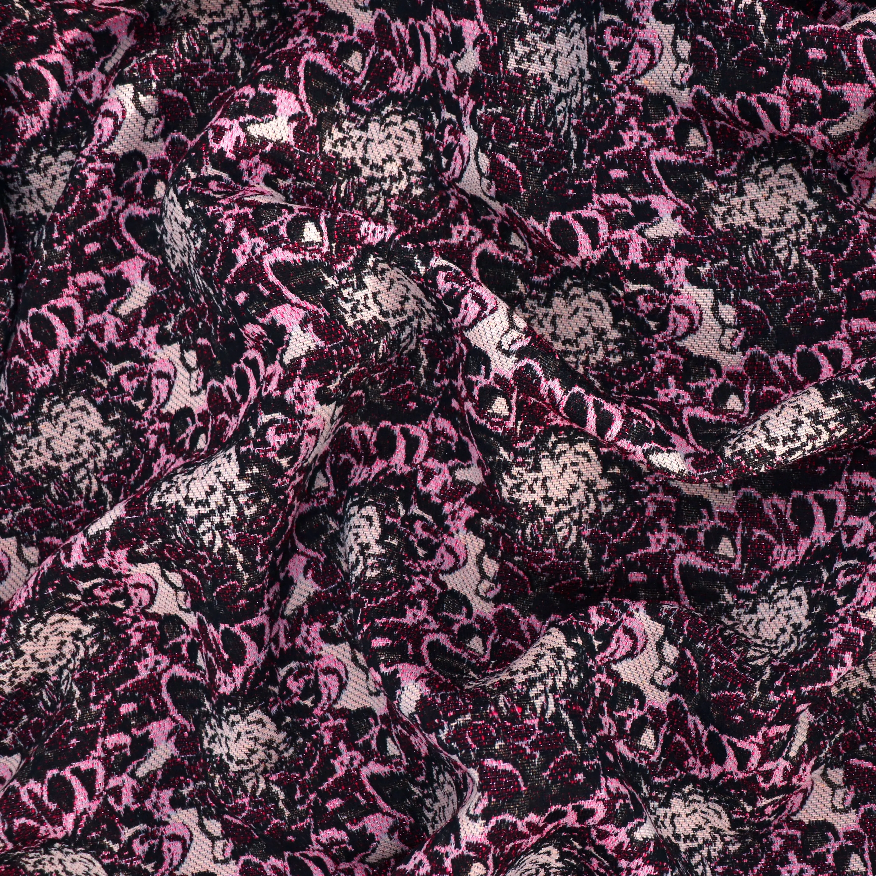 Jacquard Fabric - Pink   Black Sparkle Floral - SALE