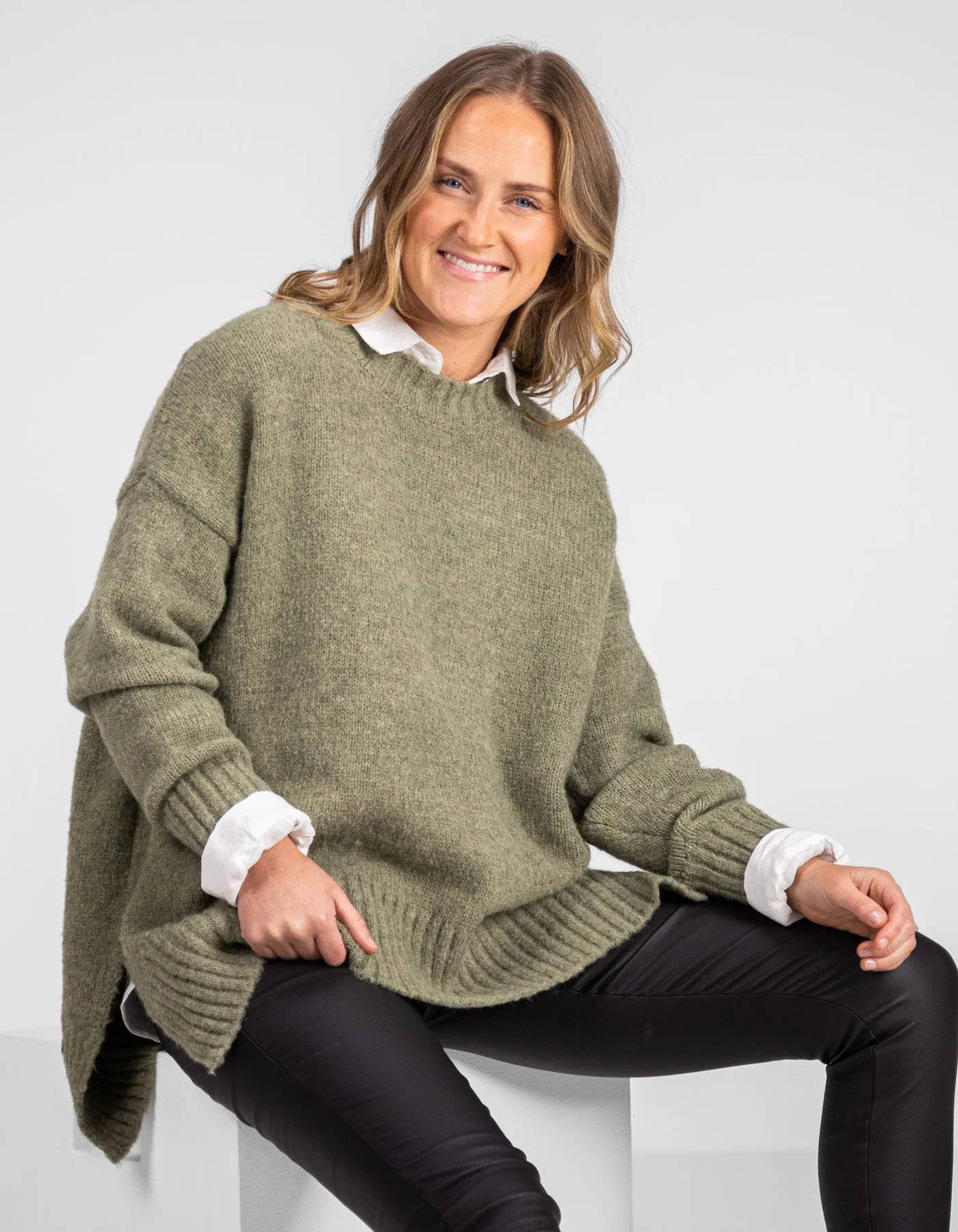 Julia Crew Neck Knit Jumper in Olive