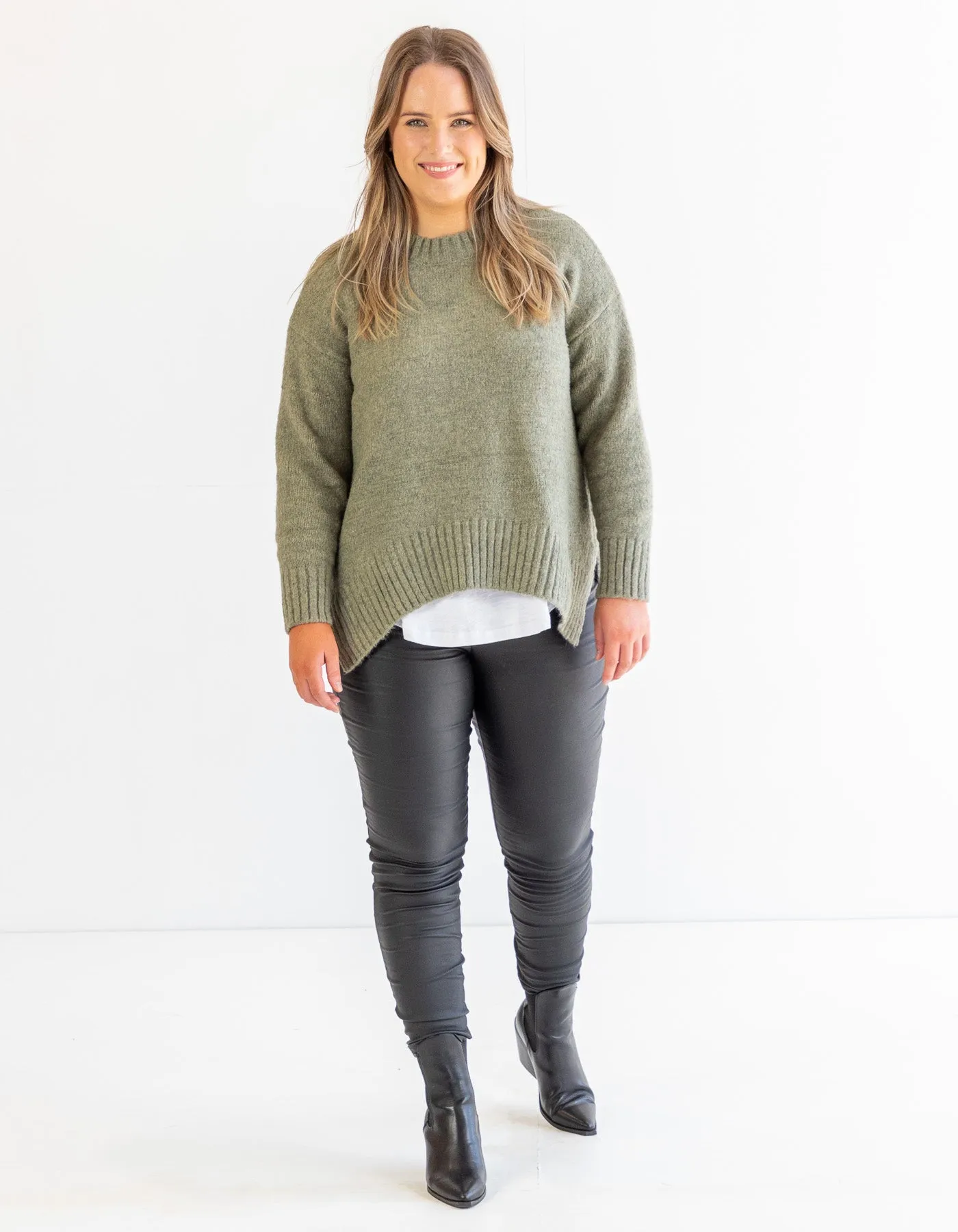 Julia Crew Neck Knit Jumper in Olive