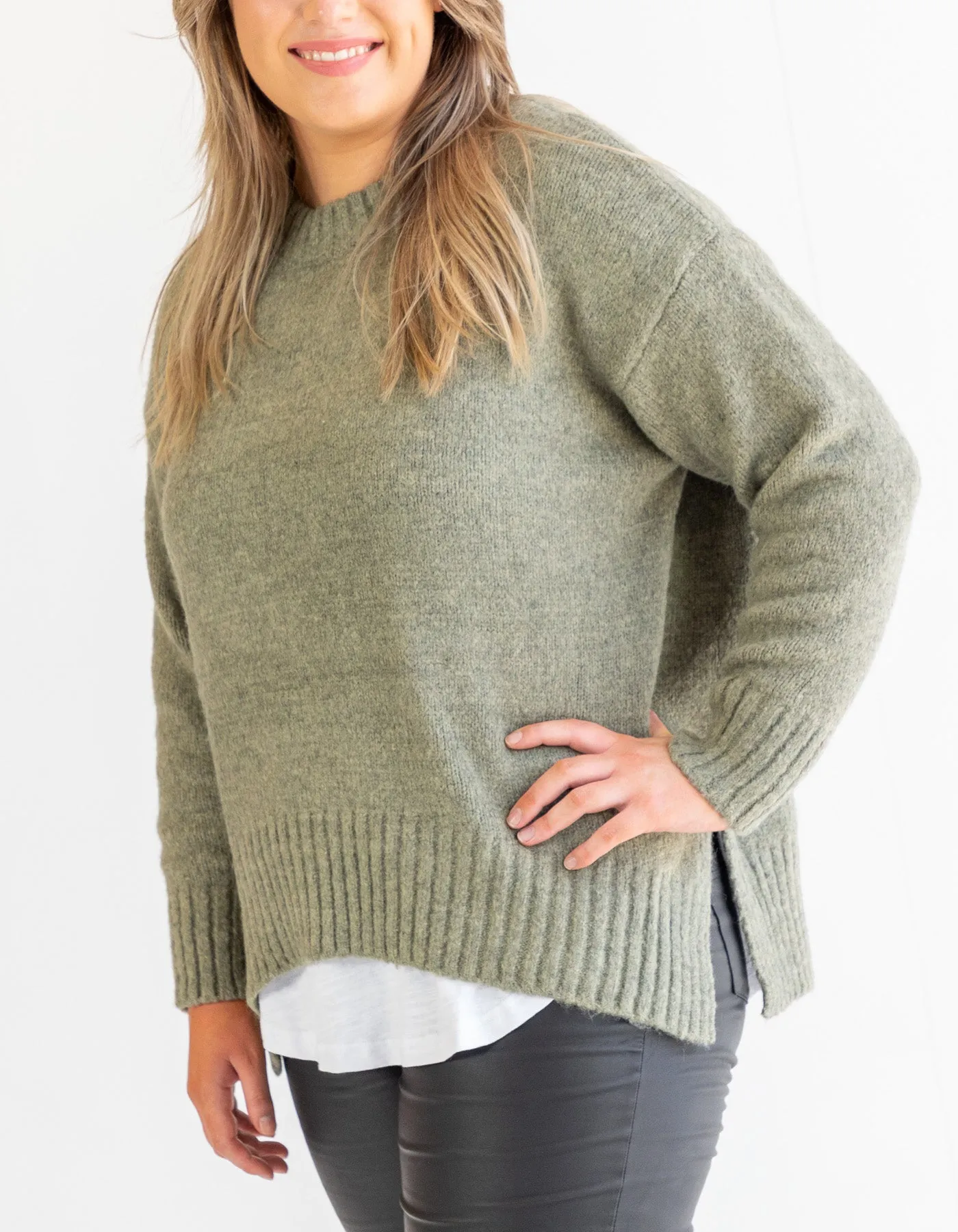 Julia Crew Neck Knit Jumper in Olive