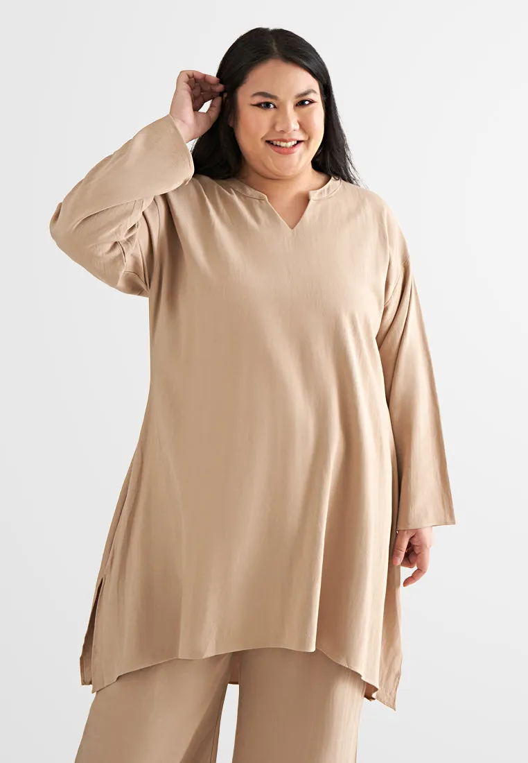 Loise Soft Linen Stand Collar Long Blouse