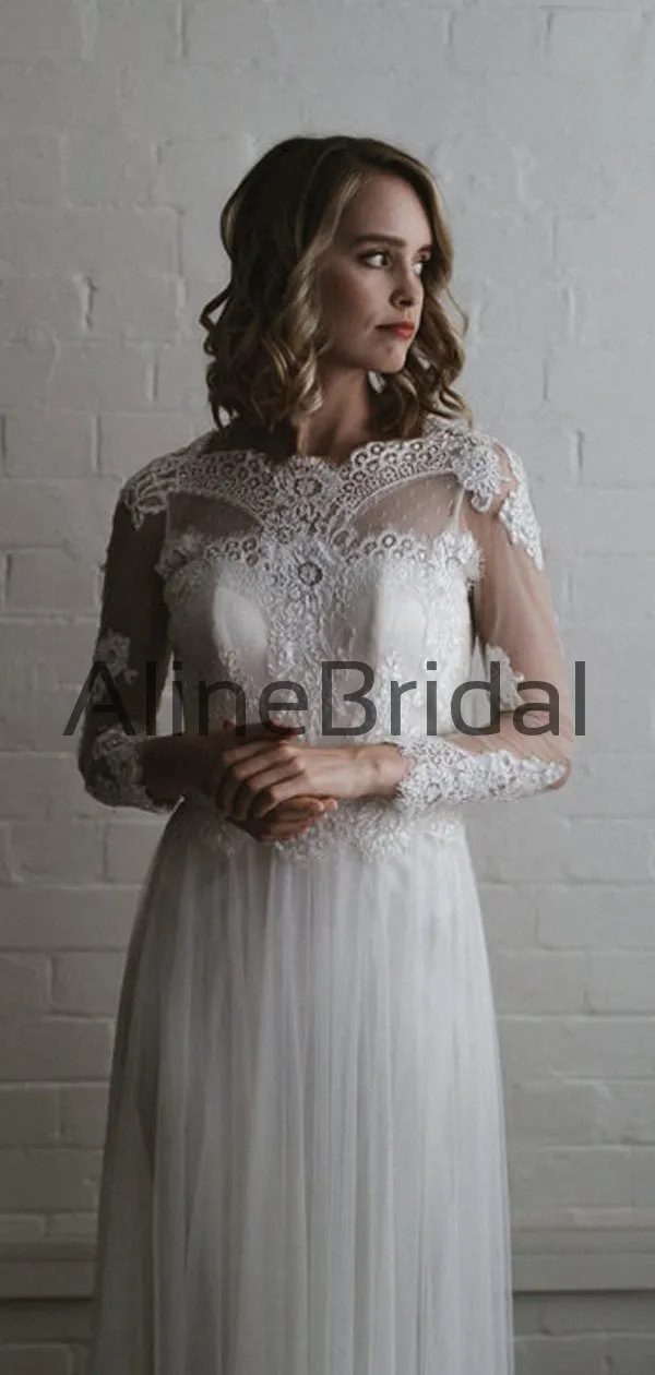 Long Sleeve Lace Tulle Sheath Illusion Charming Wedding Dresses, AB1566