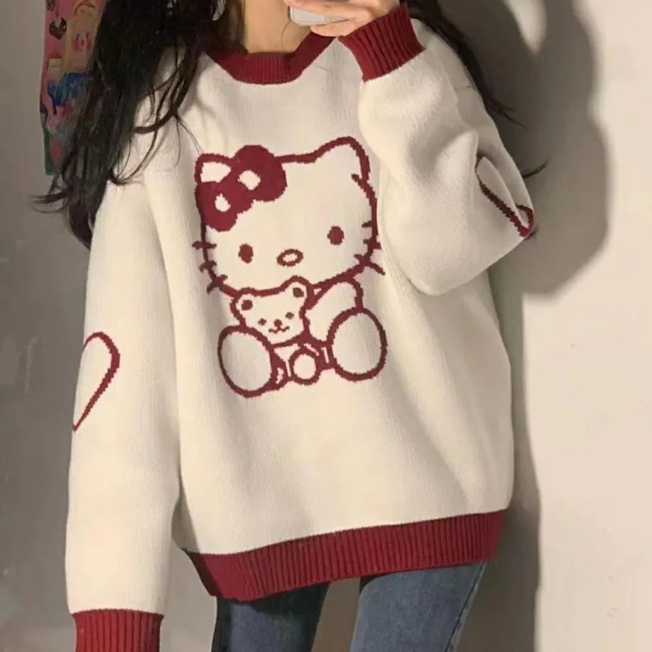 Loose Soft Contrast Color Cartoon Hello Kitty Knit Sweater Top