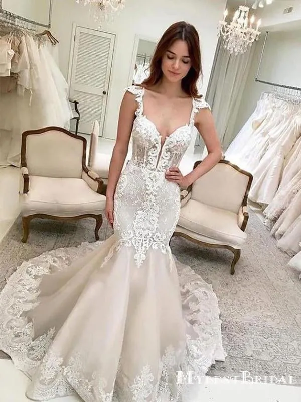 Mermaid Charming Straps Lace Long Cheap Wedding Dresses, WDS0034