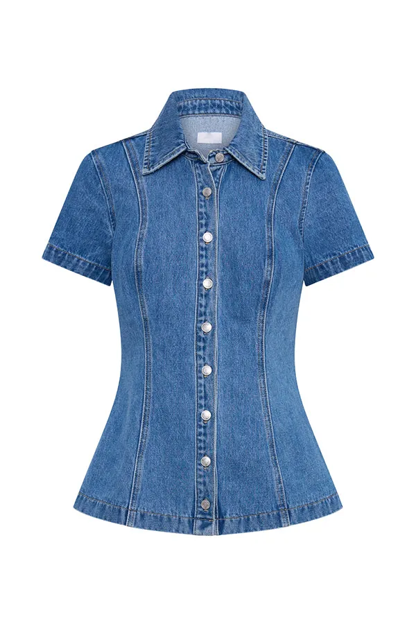 Modern Flavor Denim Short Sleeve Button Up Princess Seams Stretch Top