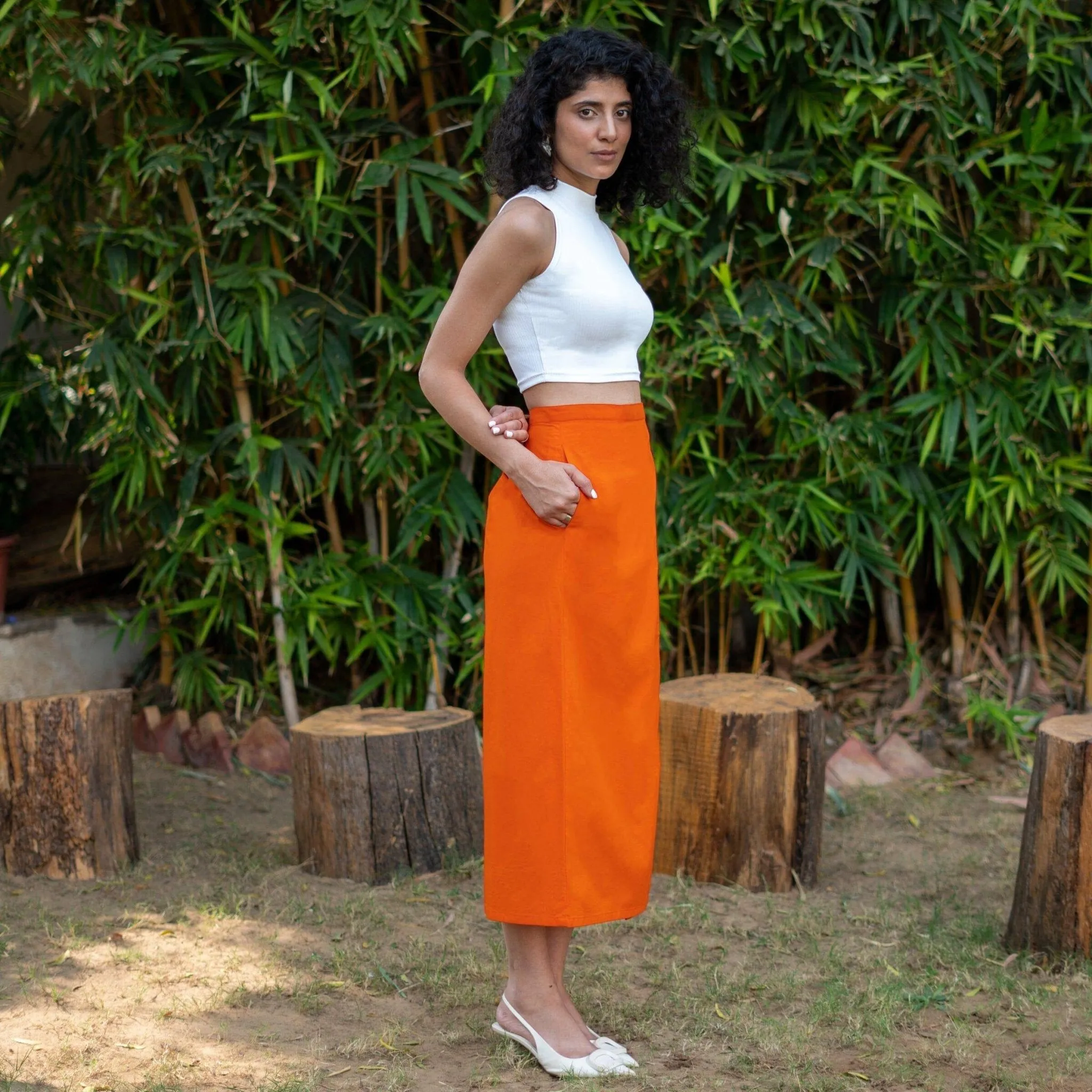 Orange Cotton Poplin High-Rise Midi Wrap Skirt