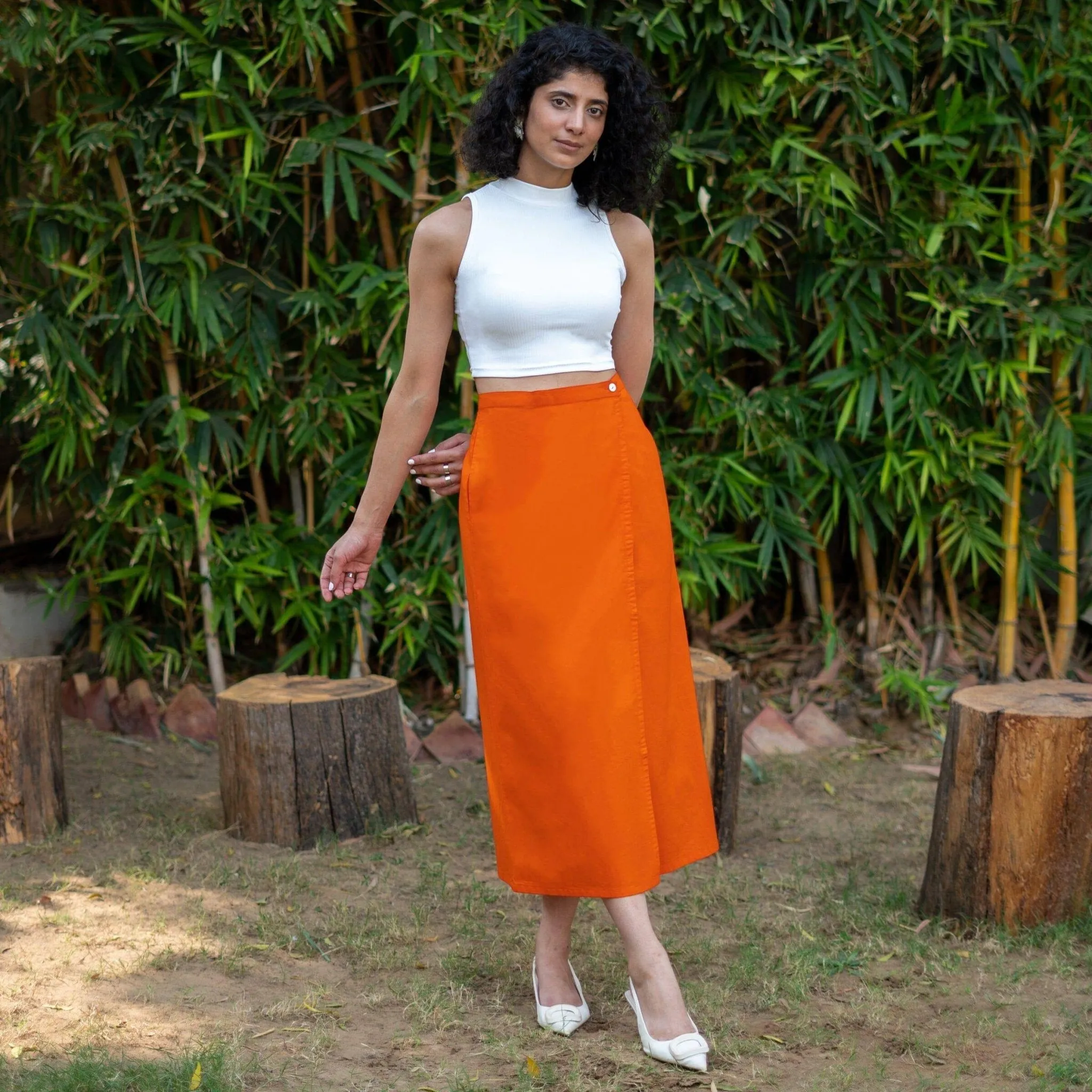 Orange Cotton Poplin High-Rise Midi Wrap Skirt