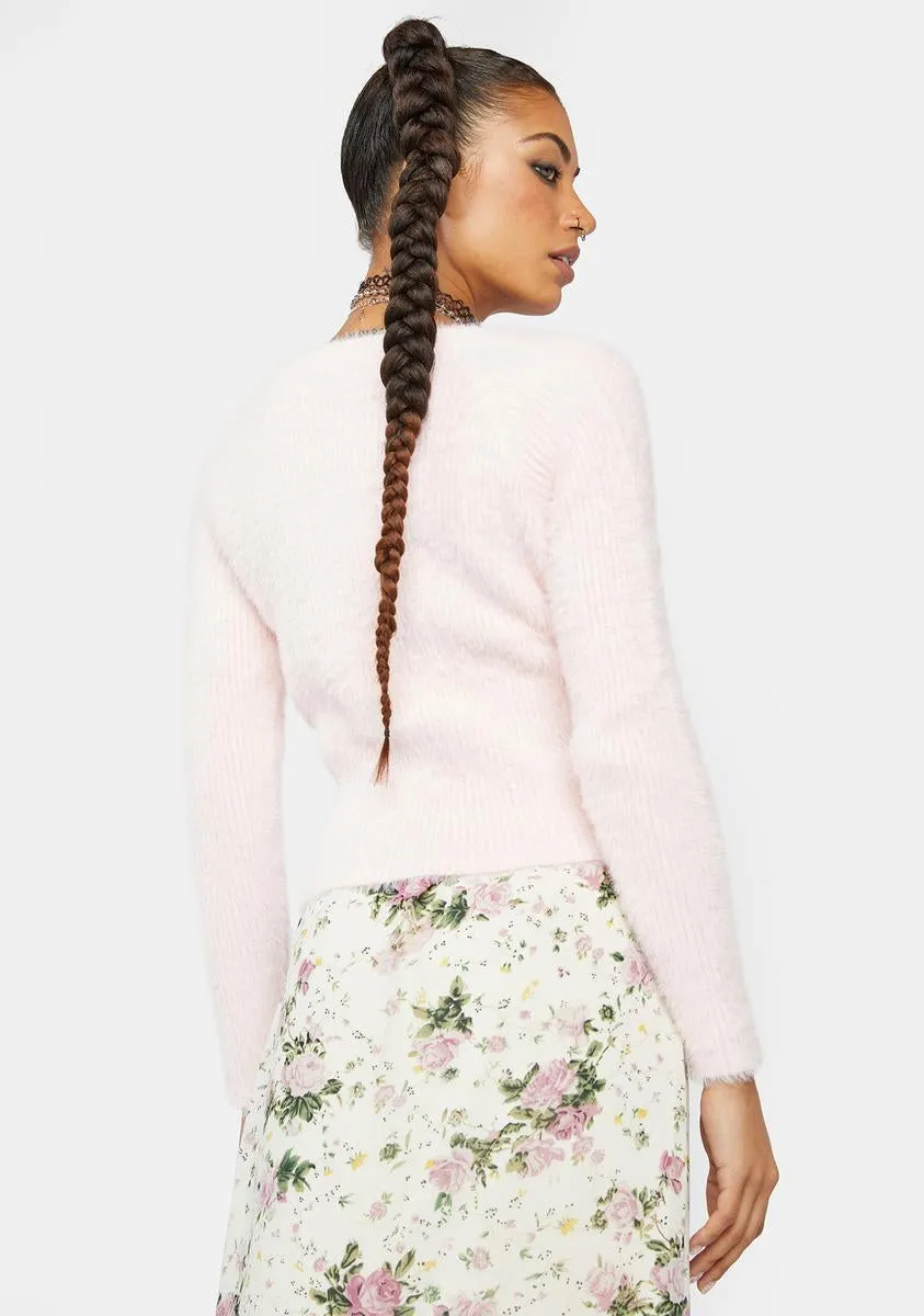 Pale Pink Fluffy Knit Cardigan