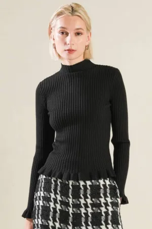 Ruffled Funnel Neck Sweater in Black