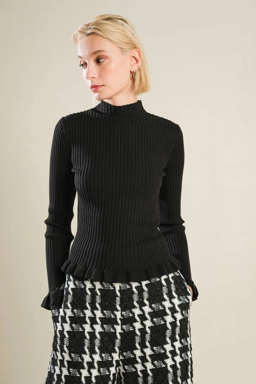 Ruffled Funnel Neck Sweater in Black