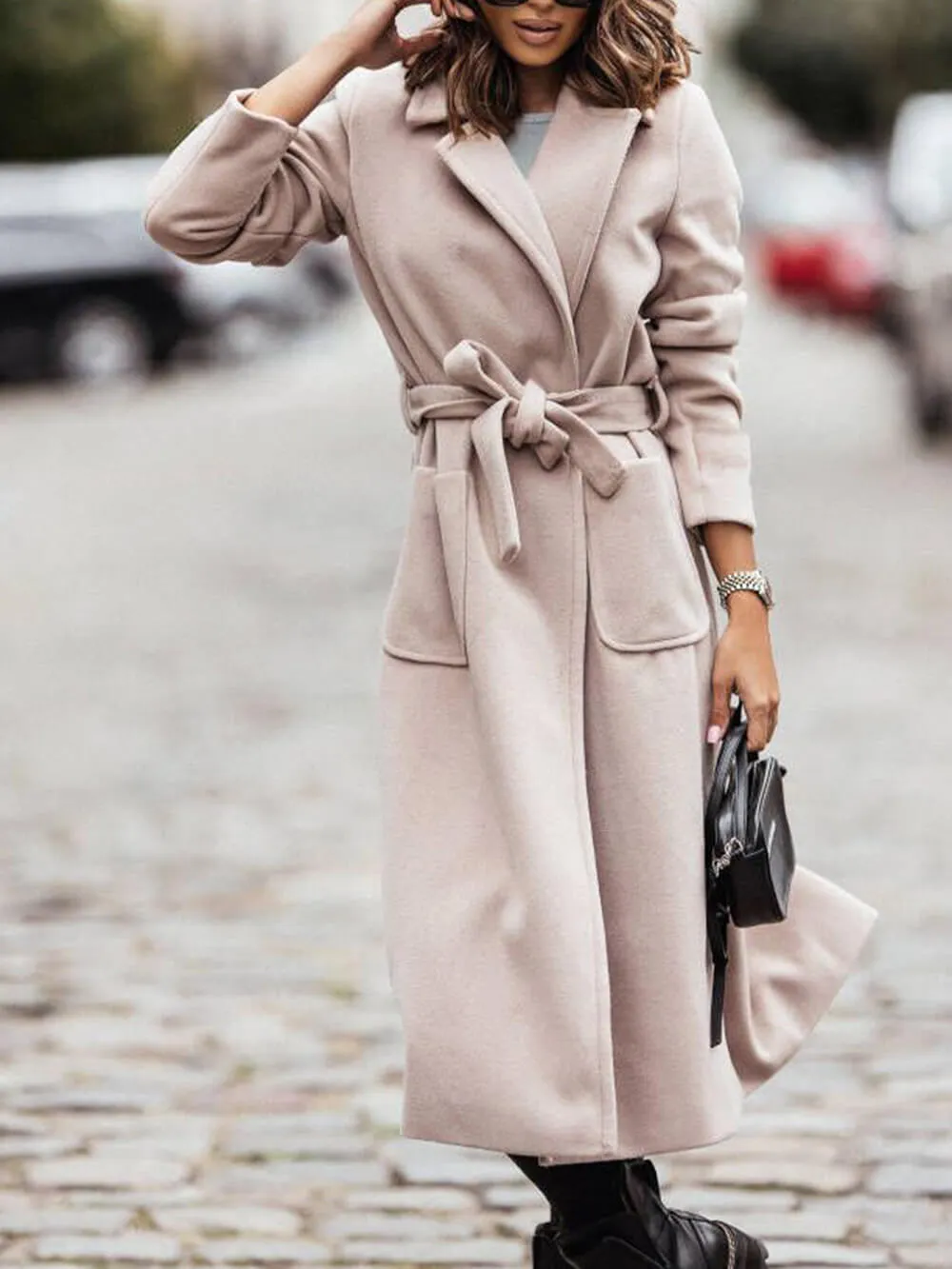 Simple Belted-Waist Long Wool Coat