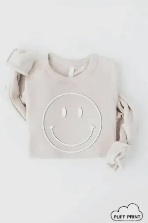 Smiley Graphic Pullover Sweatshirt: Heather Beige