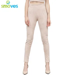 SMOVES Good Elasticity Side Zipper High Waist Womens Suede Pants Winter Pant Autumn Spring Stretchable Skinny Tight Pencil Pant