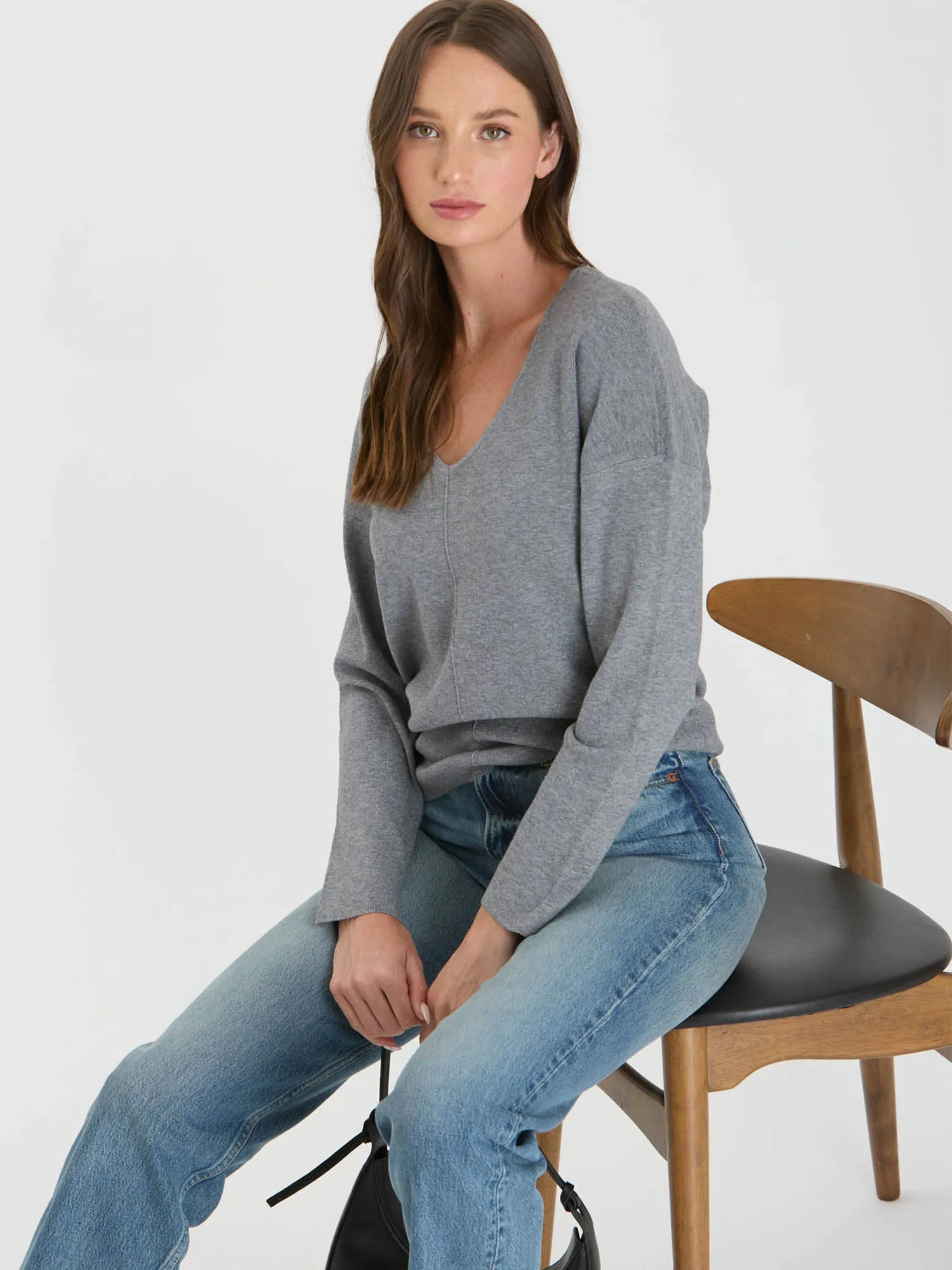 Solid V Neck Front Seam Knit Sweater