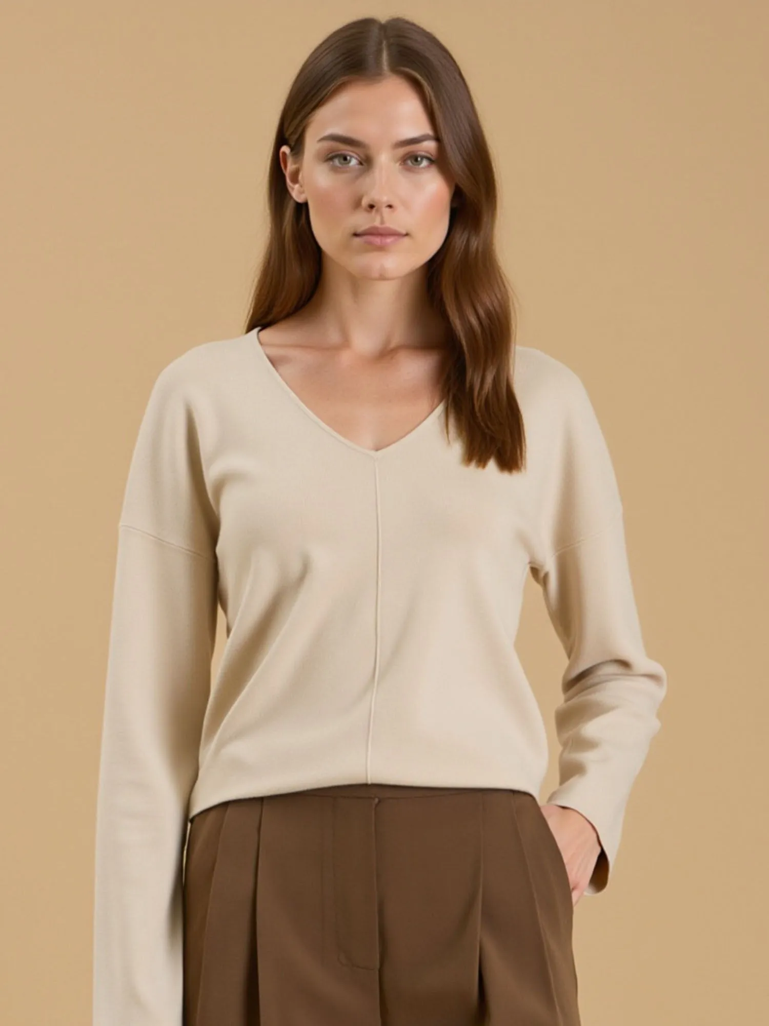 Solid V Neck Front Seam Knit Sweater