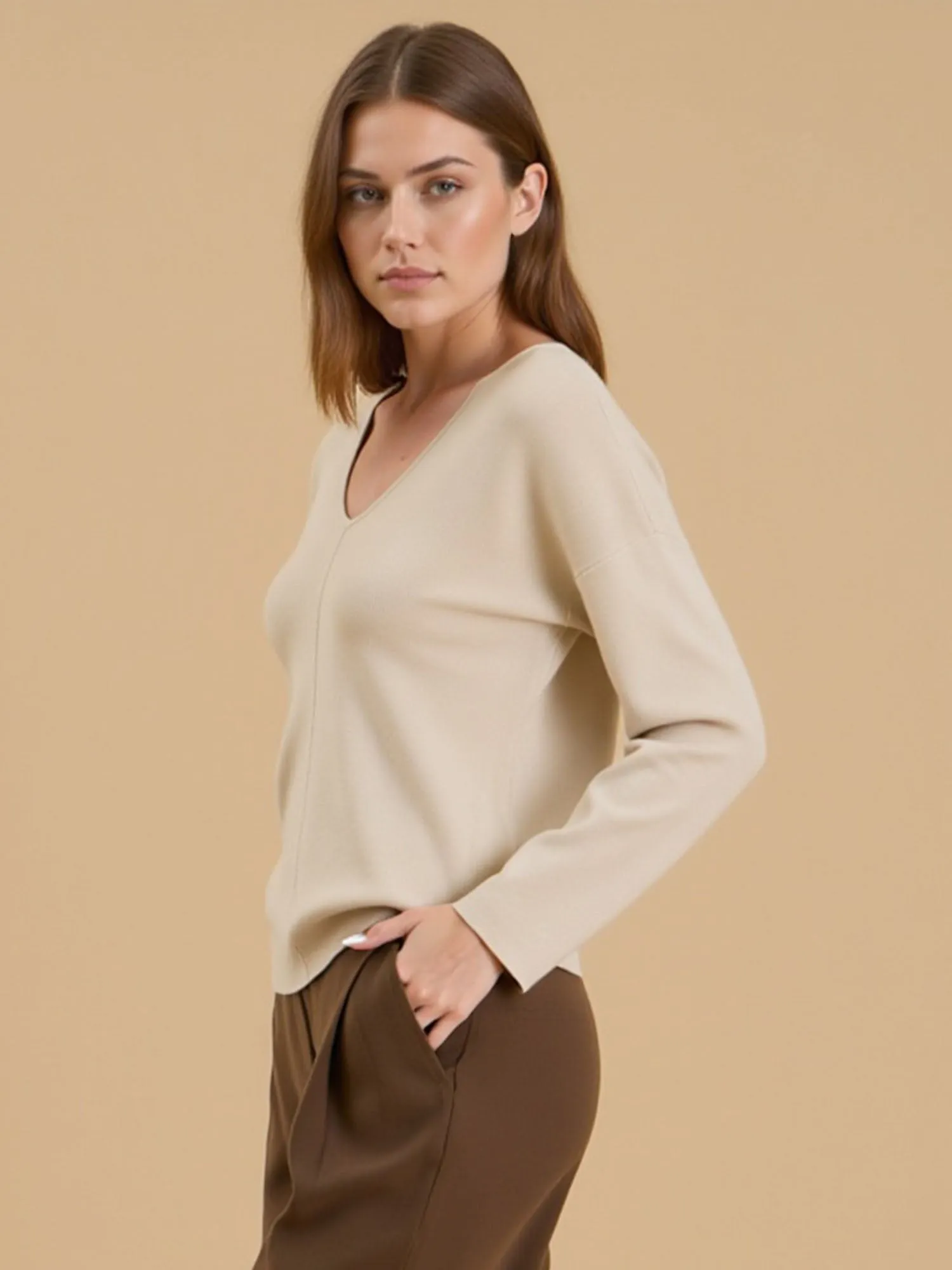 Solid V Neck Front Seam Knit Sweater