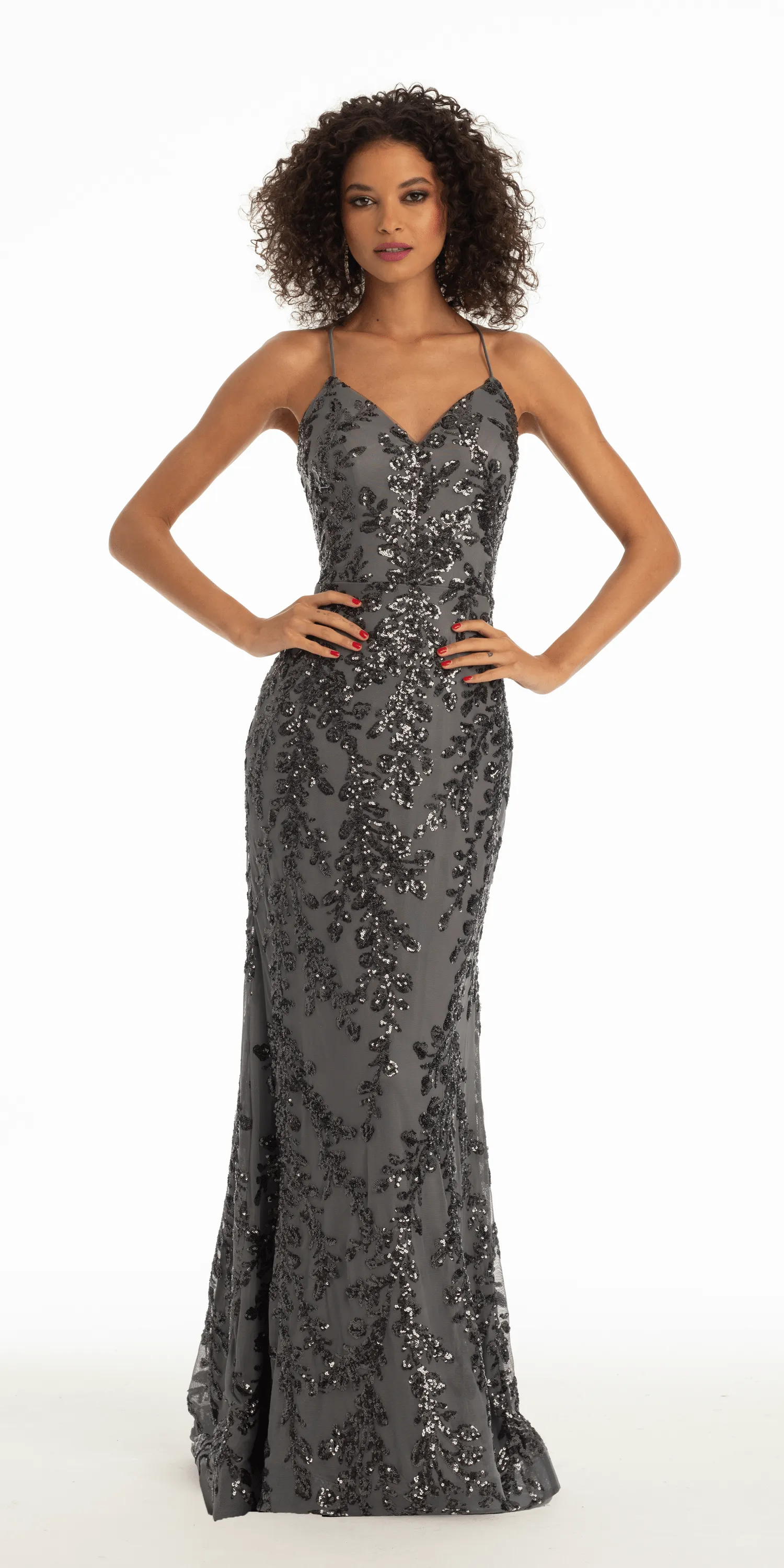 Strappy Lace Up Back Mesh Sequin Trumpet Dress with Leaf Detail