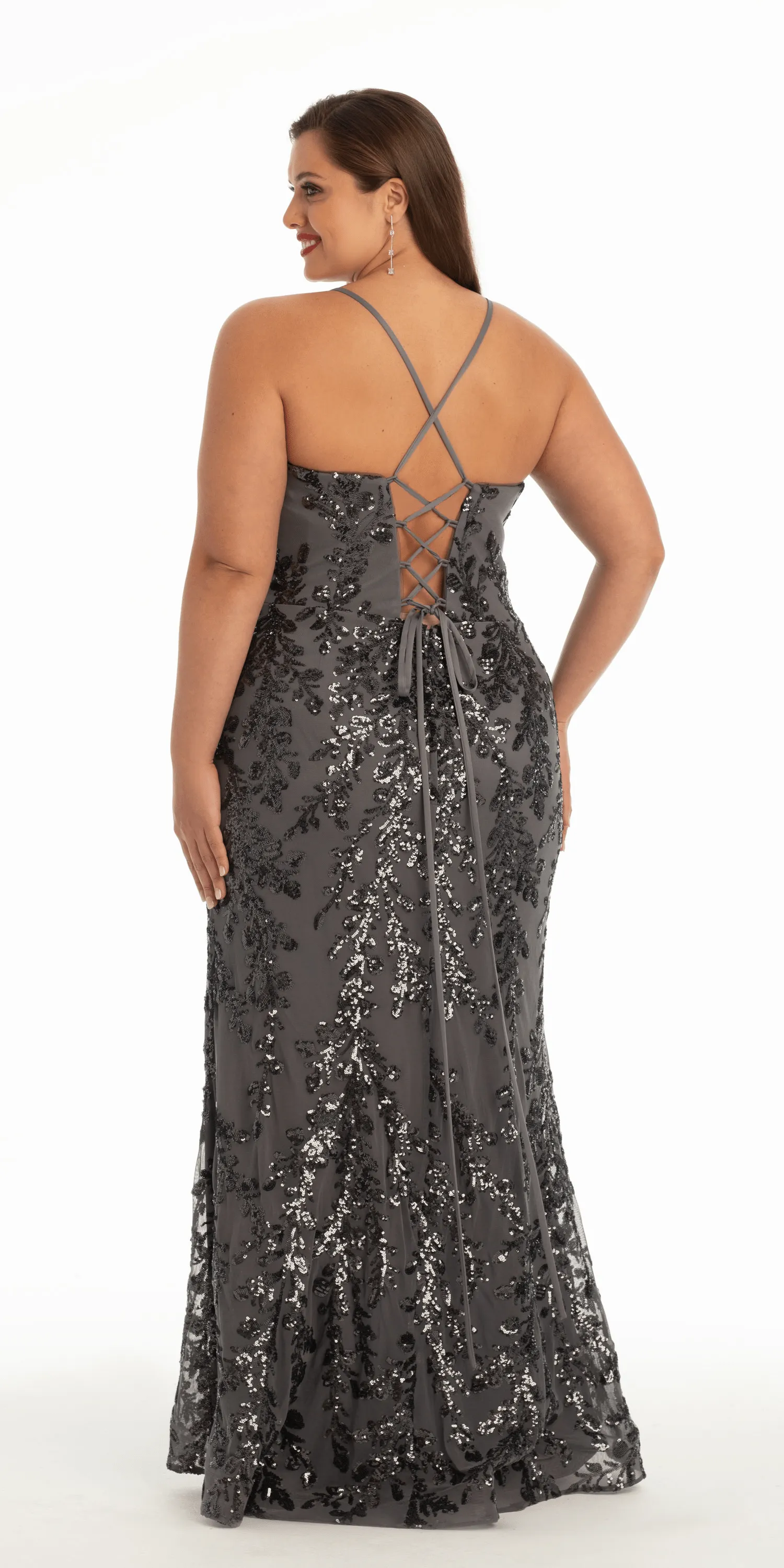 Strappy Lace Up Back Mesh Sequin Trumpet Dress with Leaf Detail