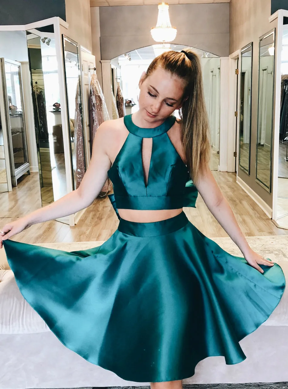 Teal Soft Satin Halter Two Piece Open Back Bow homecoming dresses, BD001185