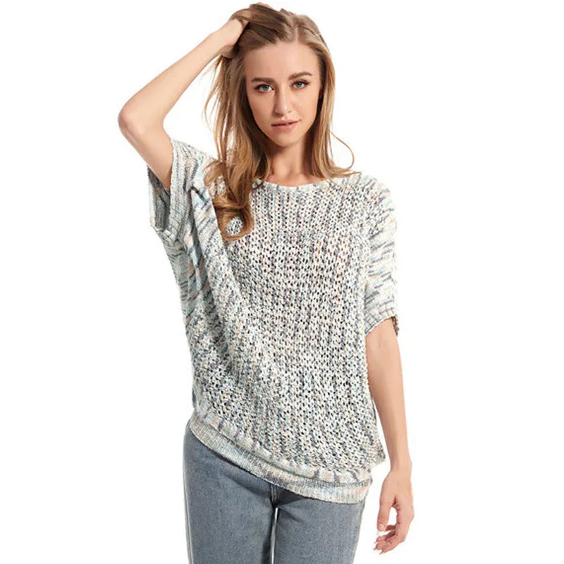 Textured Dolman Short Sleeve Boat Neck Marled Knit Pullover Sweater