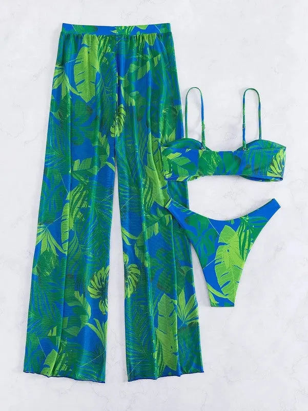 Tropical print bikini swimsuit with cover up pants Green