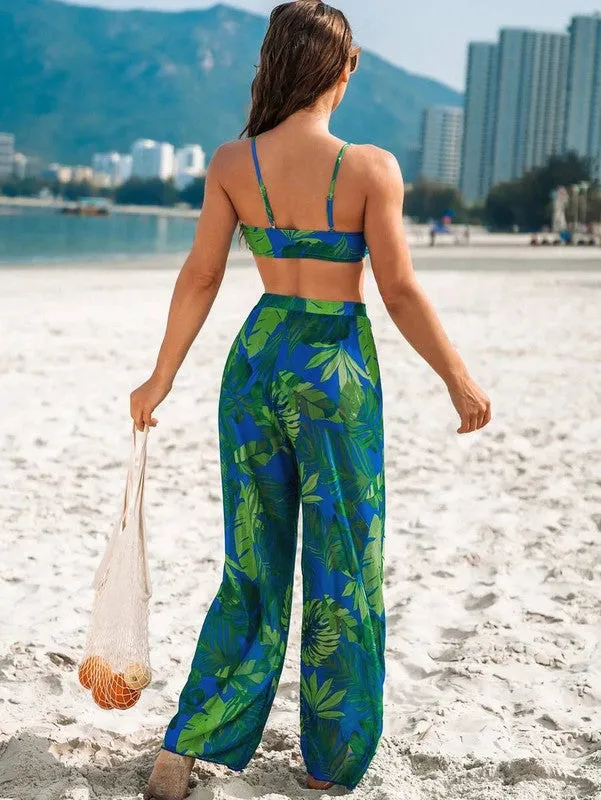 Tropical print bikini swimsuit with cover up pants Green