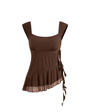 U-neckline Asymmetrical Ruffle Knotted Tank Top In Chocolate Brown