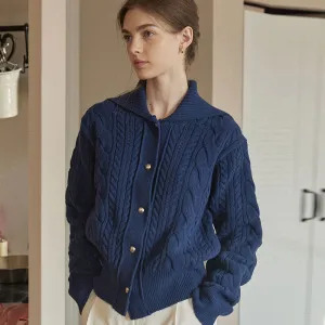 Vintage Sailor Collar Button Up Oversized Cable Knit Fisherman Cardigan