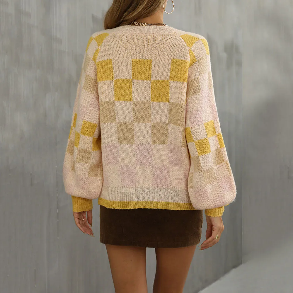 Vintage V Neck Long Sleeve Pullover Checkered Jacquard Knit Sweater