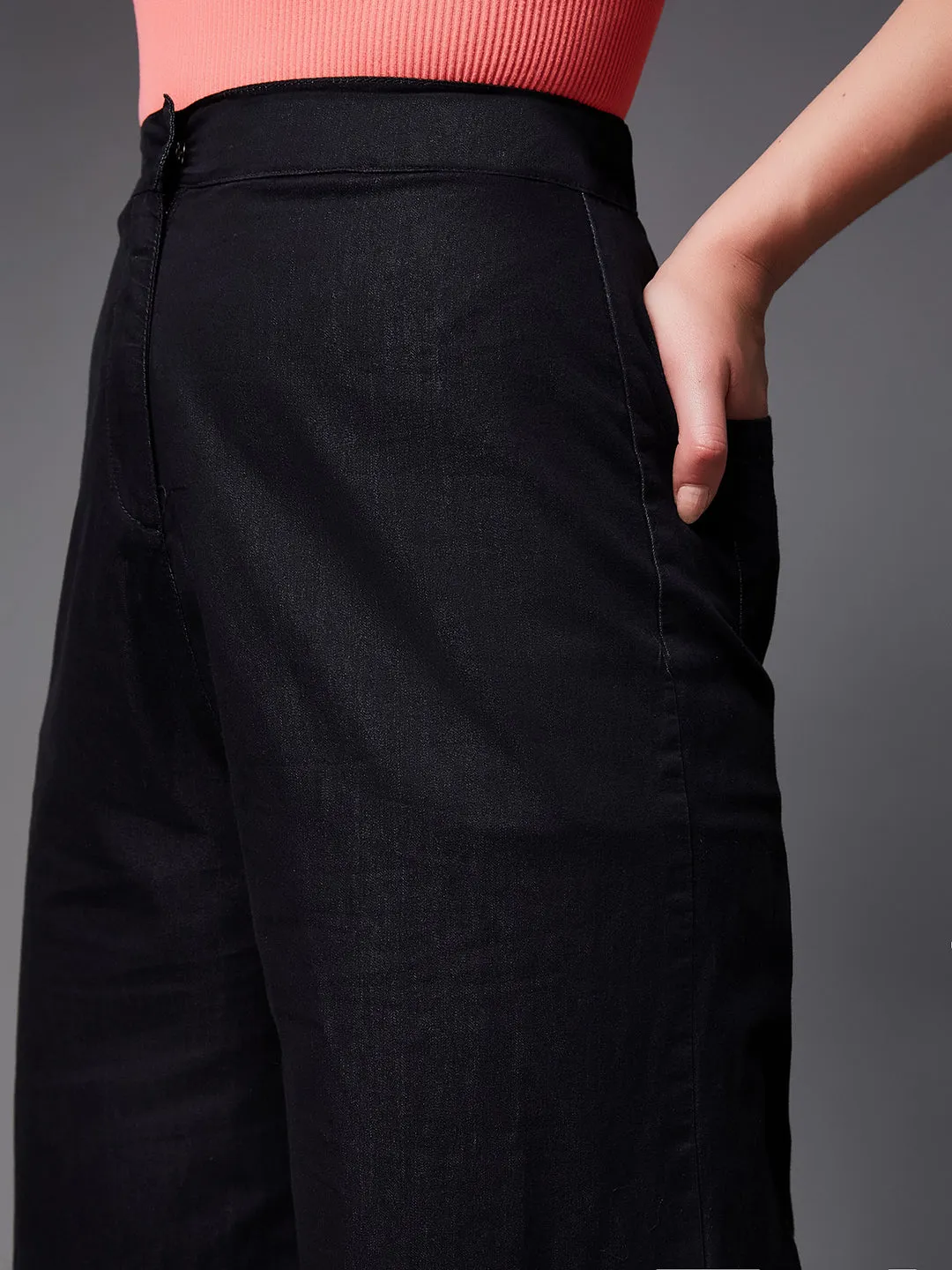 Women's Black Wide-Leg High Rise Clean Look Light Weight Regular Length Denim Pants