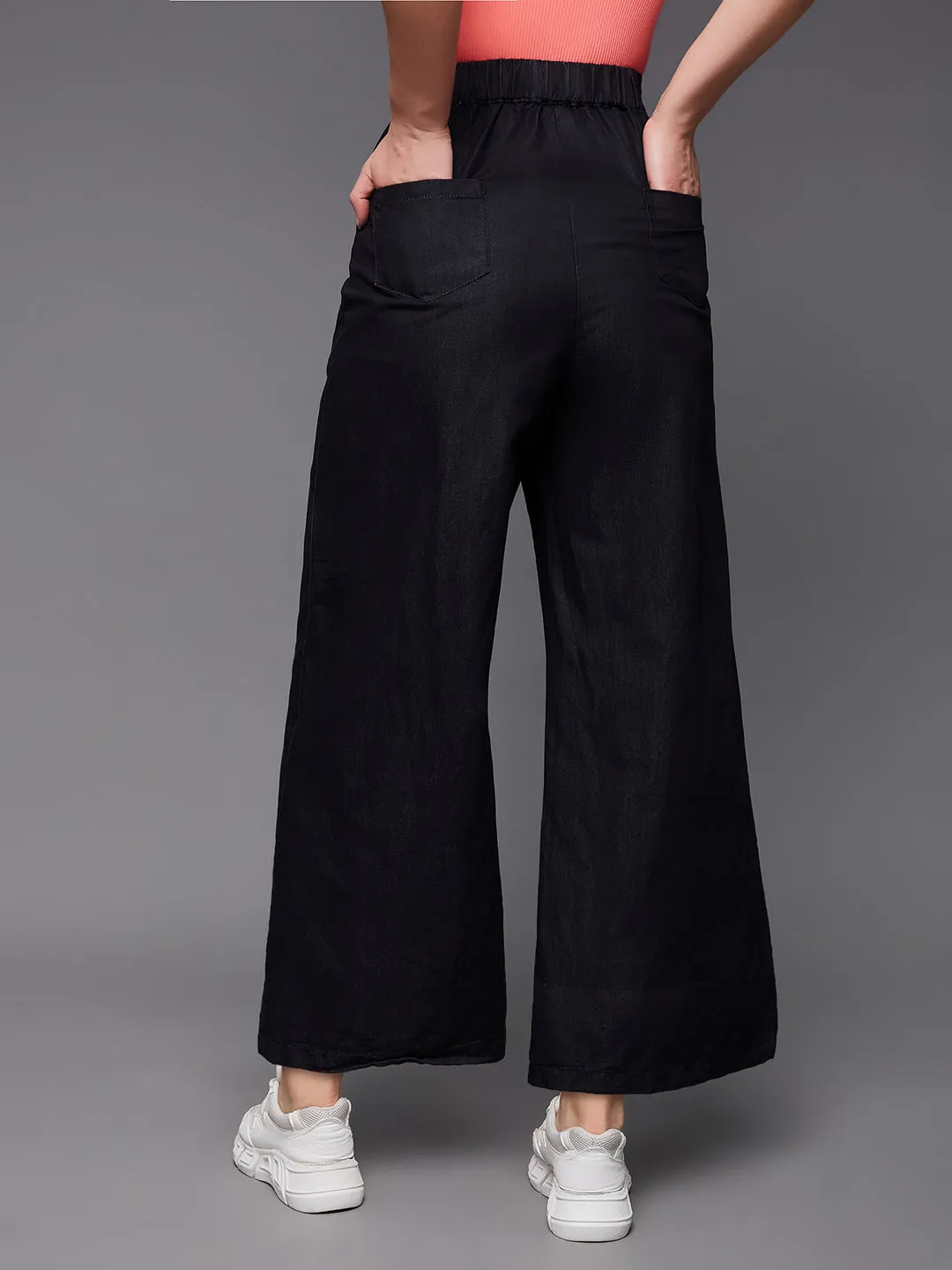 Women's Black Wide-Leg High Rise Clean Look Light Weight Regular Length Denim Pants